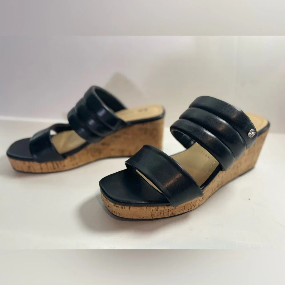 Anne Klein~Neutral~Black~Faux Leather~Open Toe~Slip-On Cork Wedge Sandal~Size 9